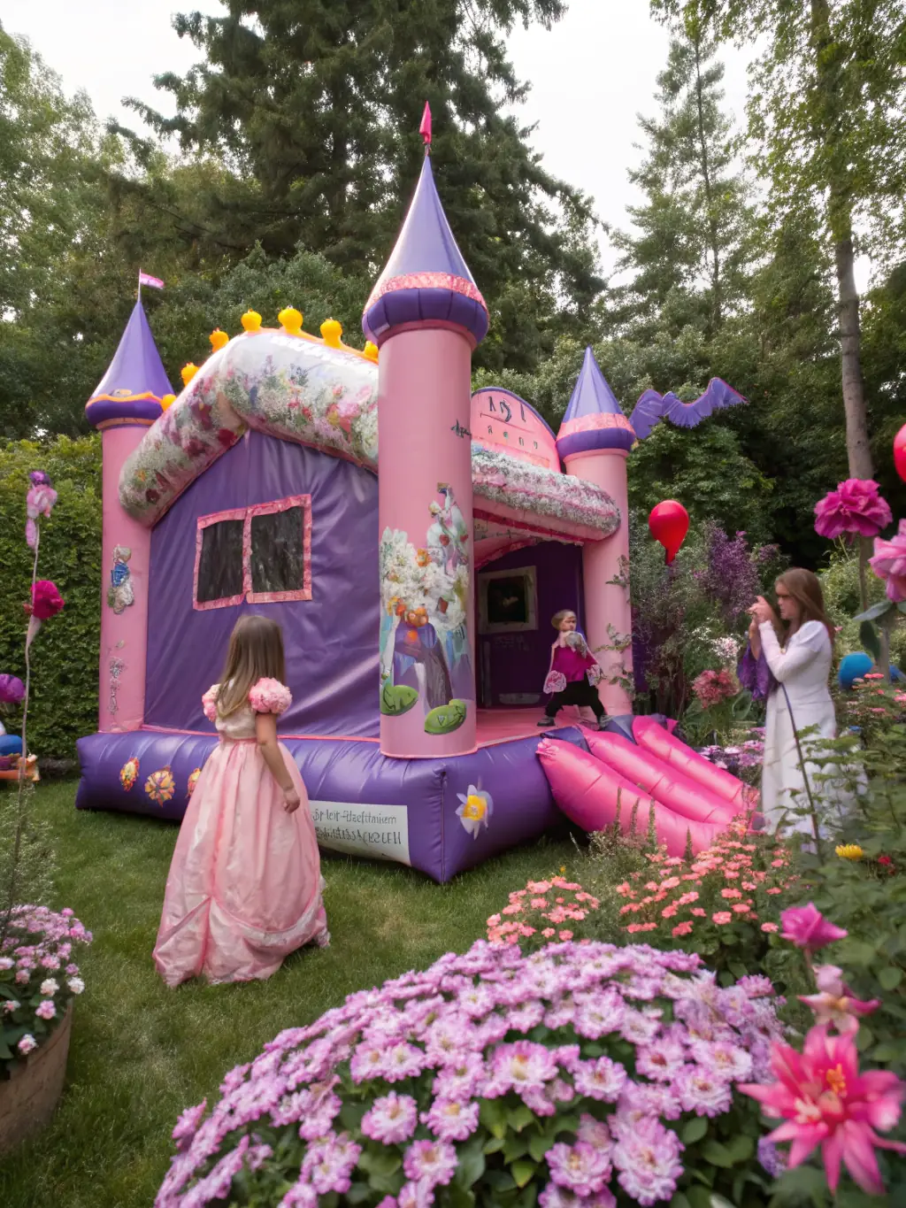 A charming image of a princess-themed party, featuring a young girl dressed as a princess, surrounded by fairytale decorations, a castle backdrop, and other children in princess attire.