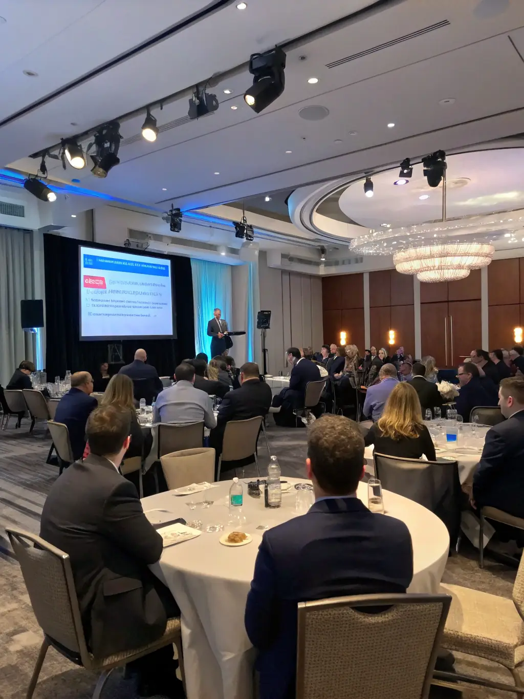 A picture of a well-organized corporate conference with professional speakers, modern presentation equipment, and attentive attendees, highlighting WonderRealm's capabilities in managing large-scale events.